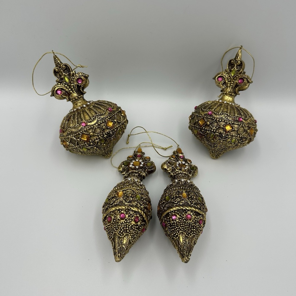 VTG Antiqued Gold Tone Jeweled Resin Christmas Ornaments